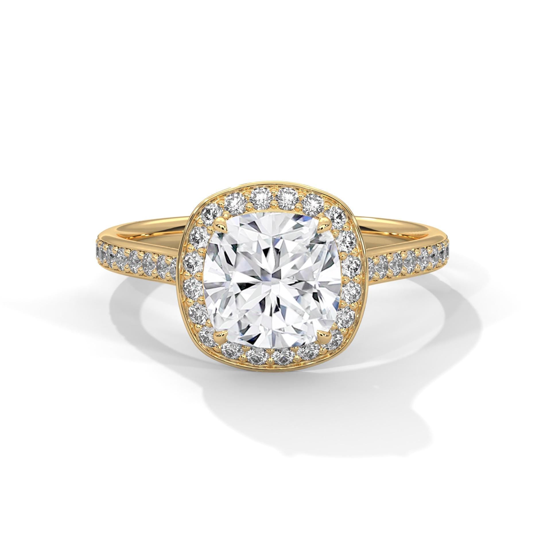1 to 3 carat cushion cut lab diamond halo ring in 14K yellow gold