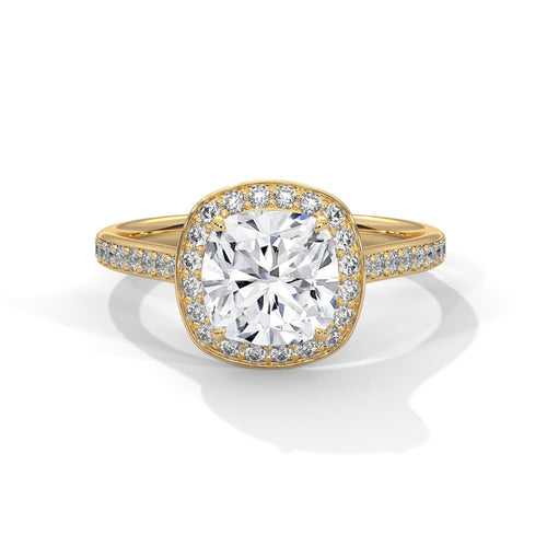 1 to 3 carat cushion cut lab diamond halo ring in 14K yellow gold