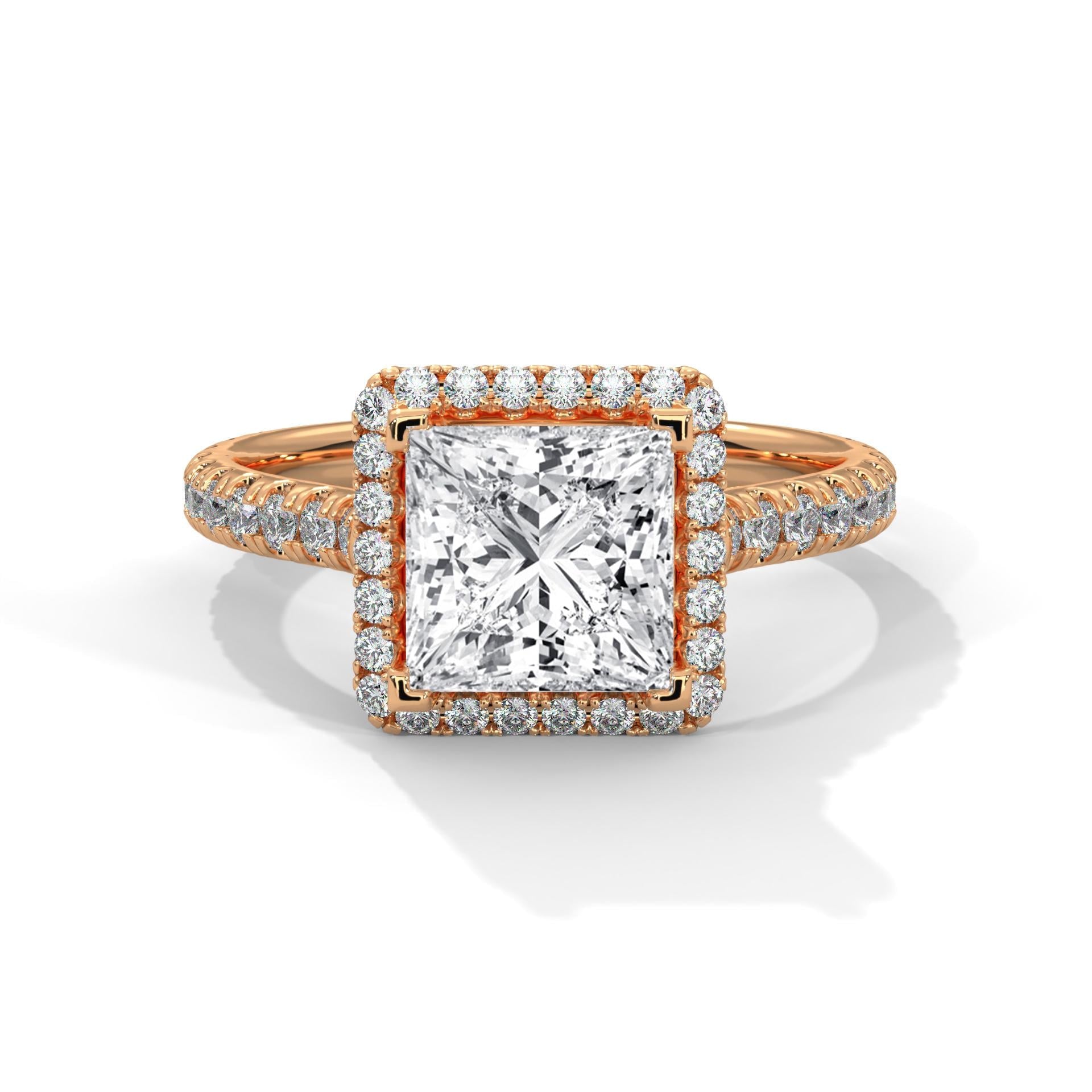 1 to 3 carat princess cut lab diamond halo cathedral ring in rose gold