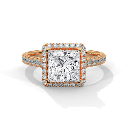 1 to 3 carat princess cut lab diamond halo cathedral ring in rose gold
