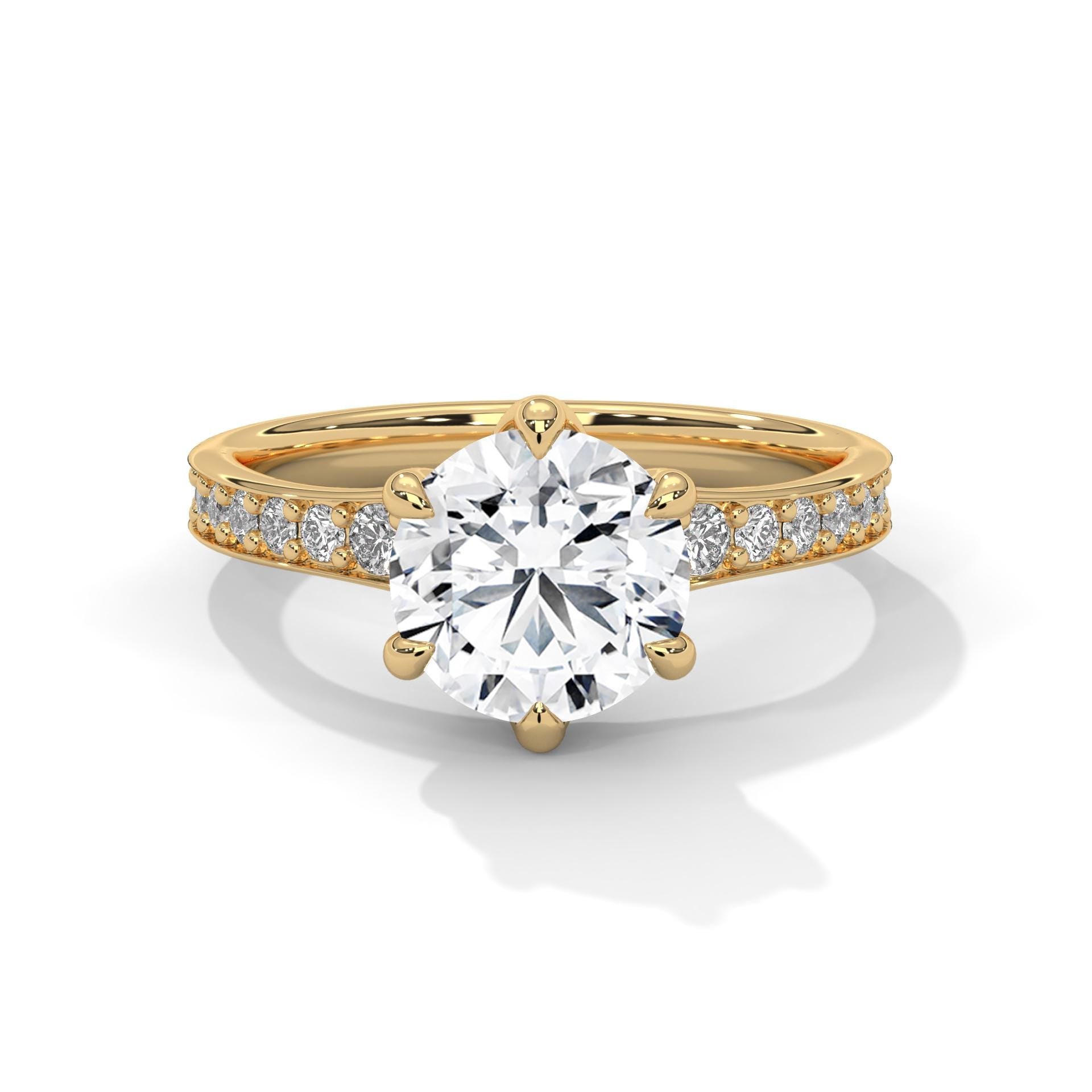 Colorless round cut lab diamond 6-prong pave cathedral ring in yellow gold