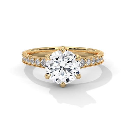 Colorless round cut lab diamond 6-prong pave cathedral ring in yellow gold