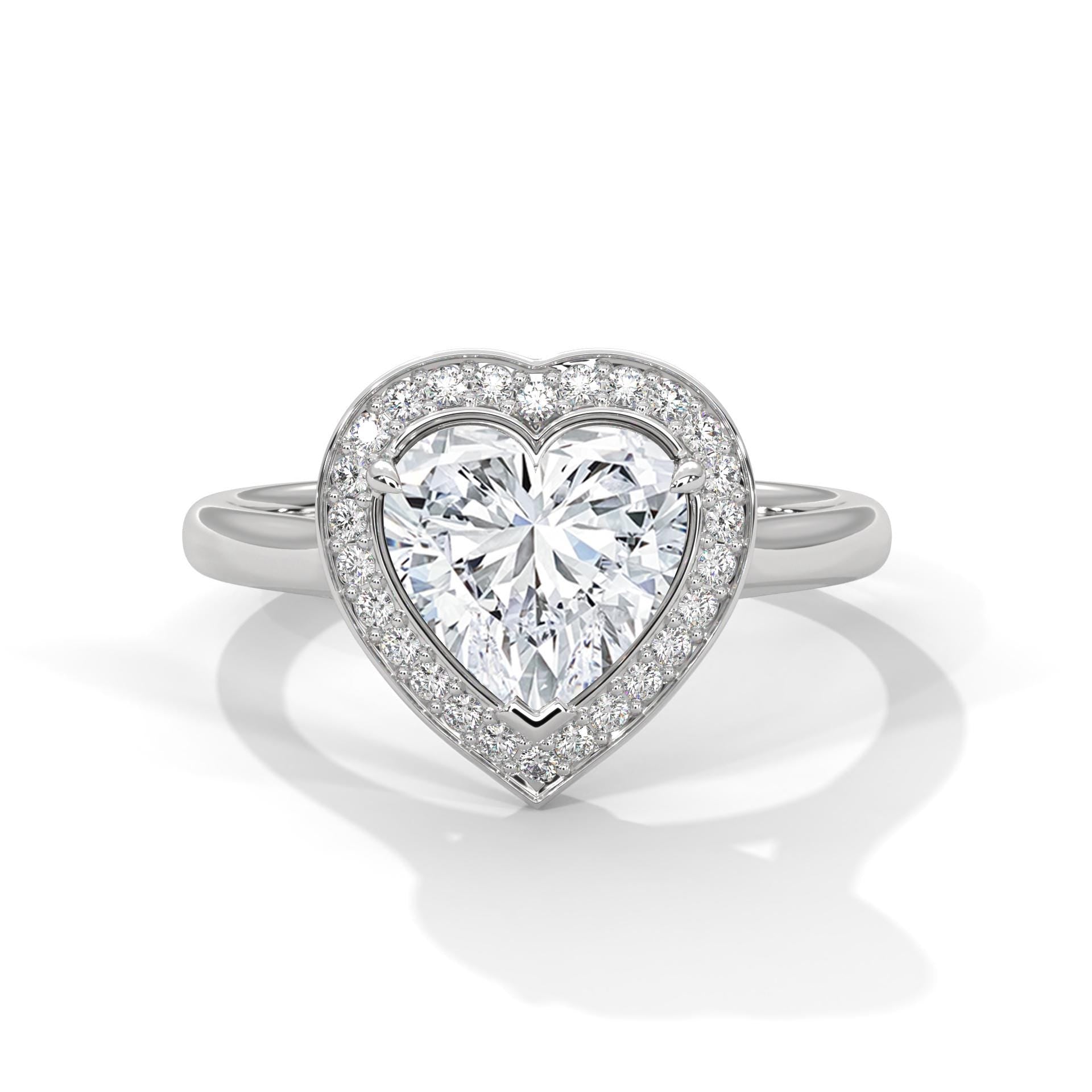Heart cut lab grown diamond pave halo engagement ring in white gold