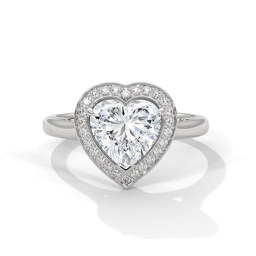 Heart cut lab grown diamond pave halo engagement ring in white gold