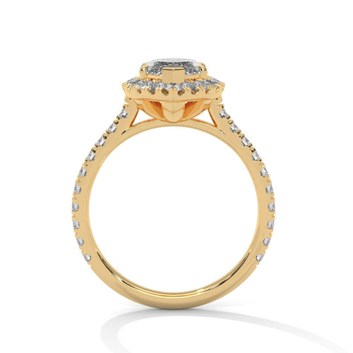 Side view of yellow gold marquise halo ring showing protective V-prongs