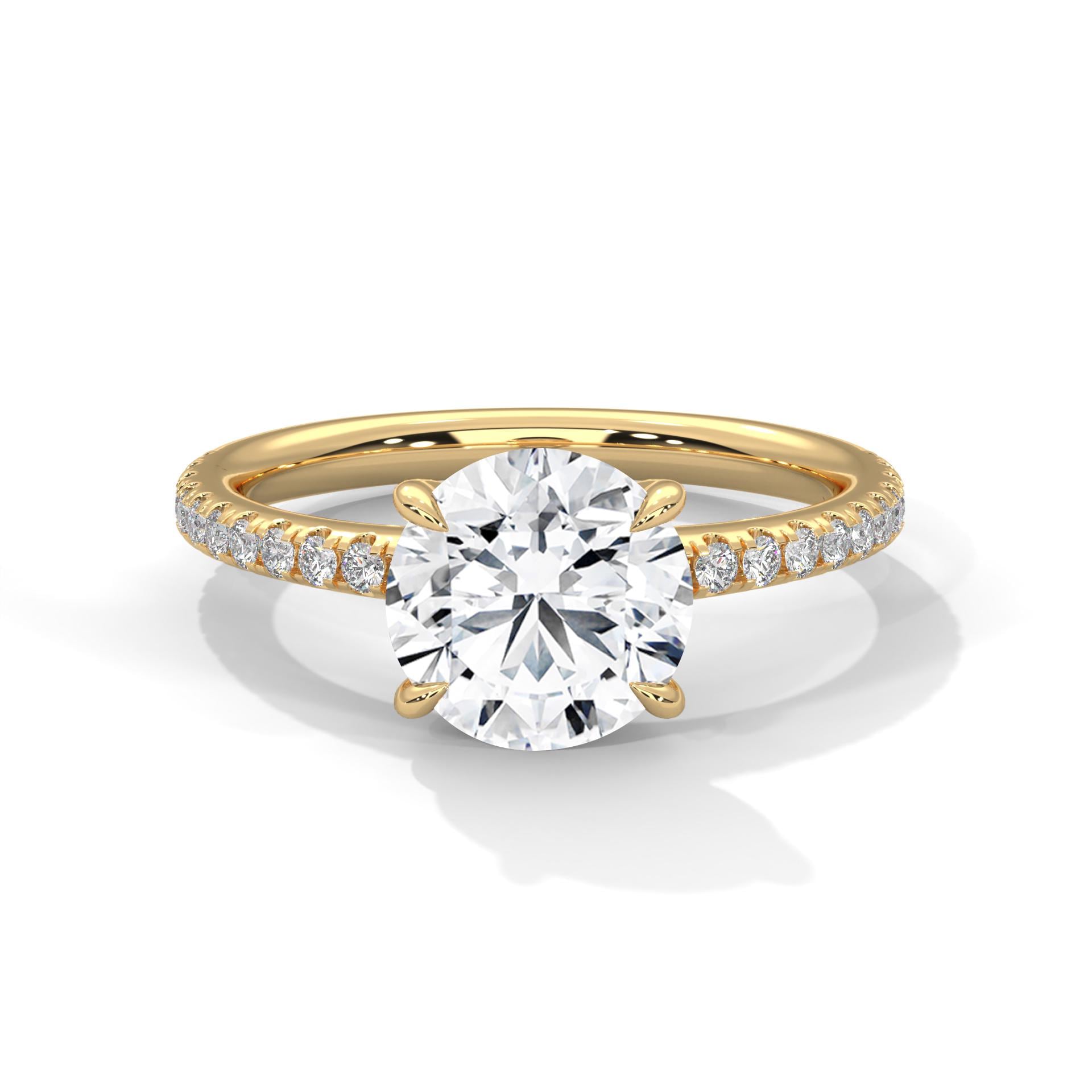 Ideal round brilliant lab grown diamond pave cathedral ring in yellow gold