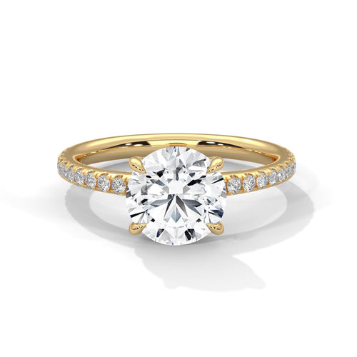 Ideal round brilliant lab grown diamond pave cathedral ring in yellow gold