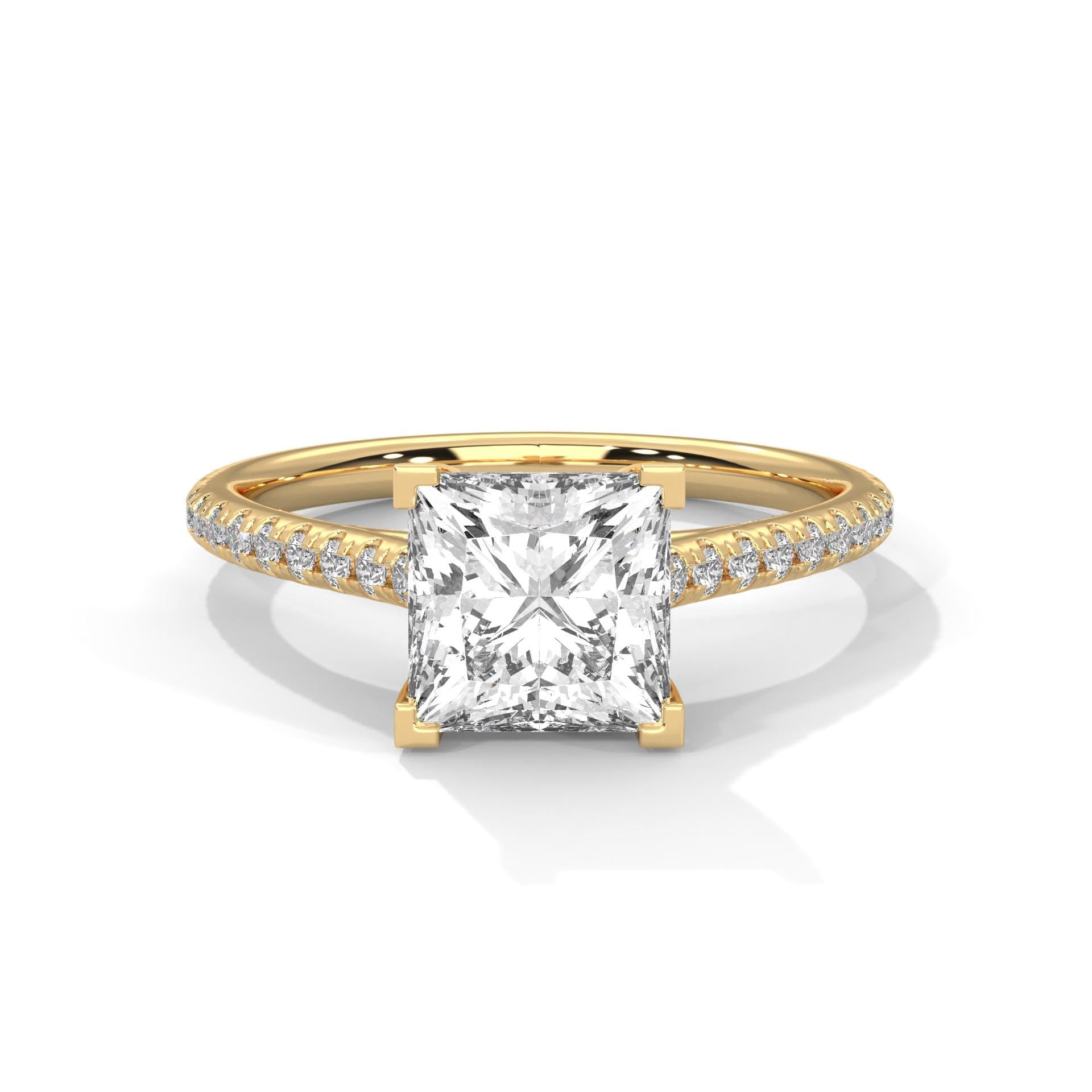 1 to 3 carat princess cut lab diamond pave cathedral ring in yellow gold