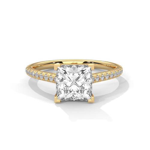 1 to 3 carat princess cut lab diamond pave cathedral ring in yellow gold