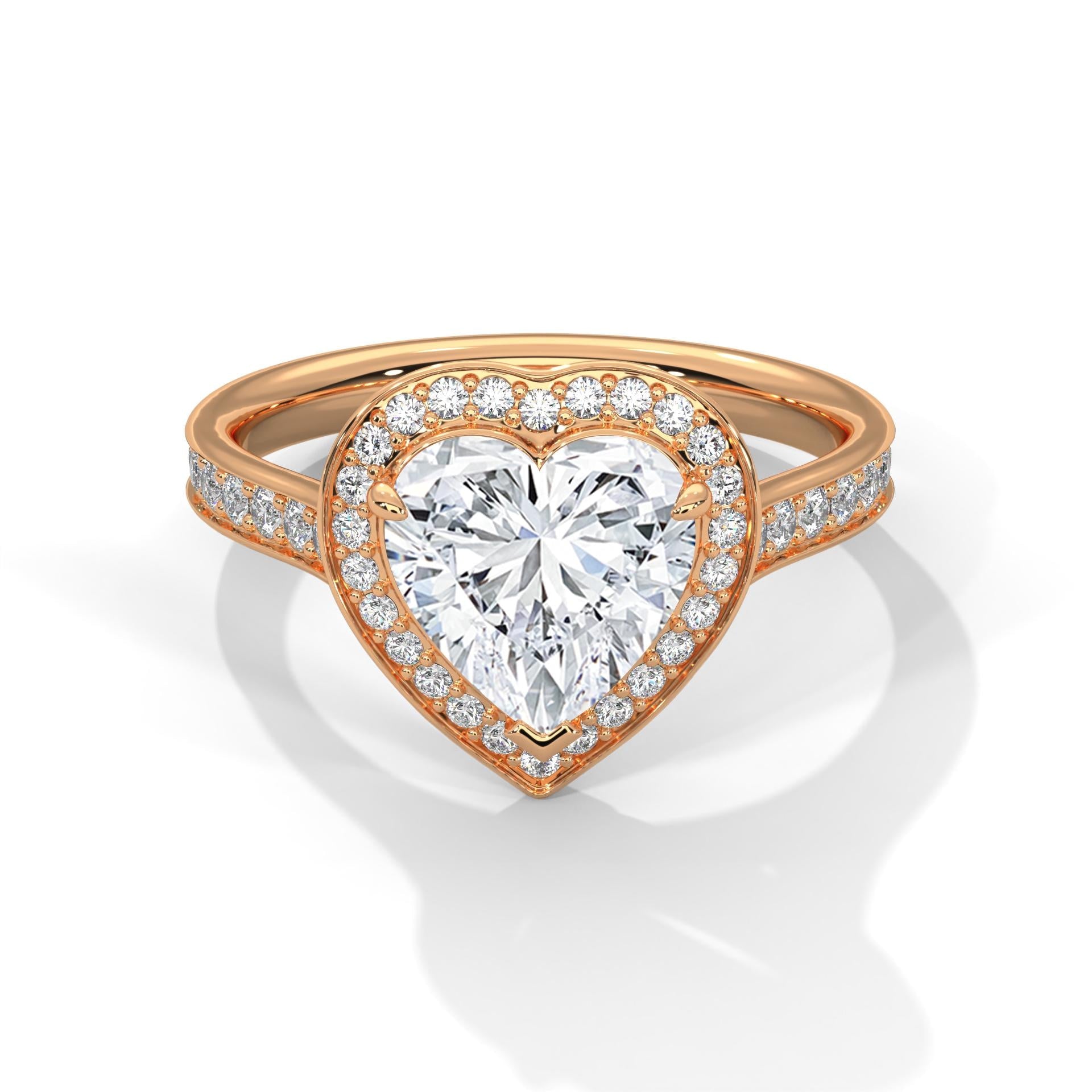 1 to 3 carat heart cut lab diamond halo cathedral ring in rose gold.