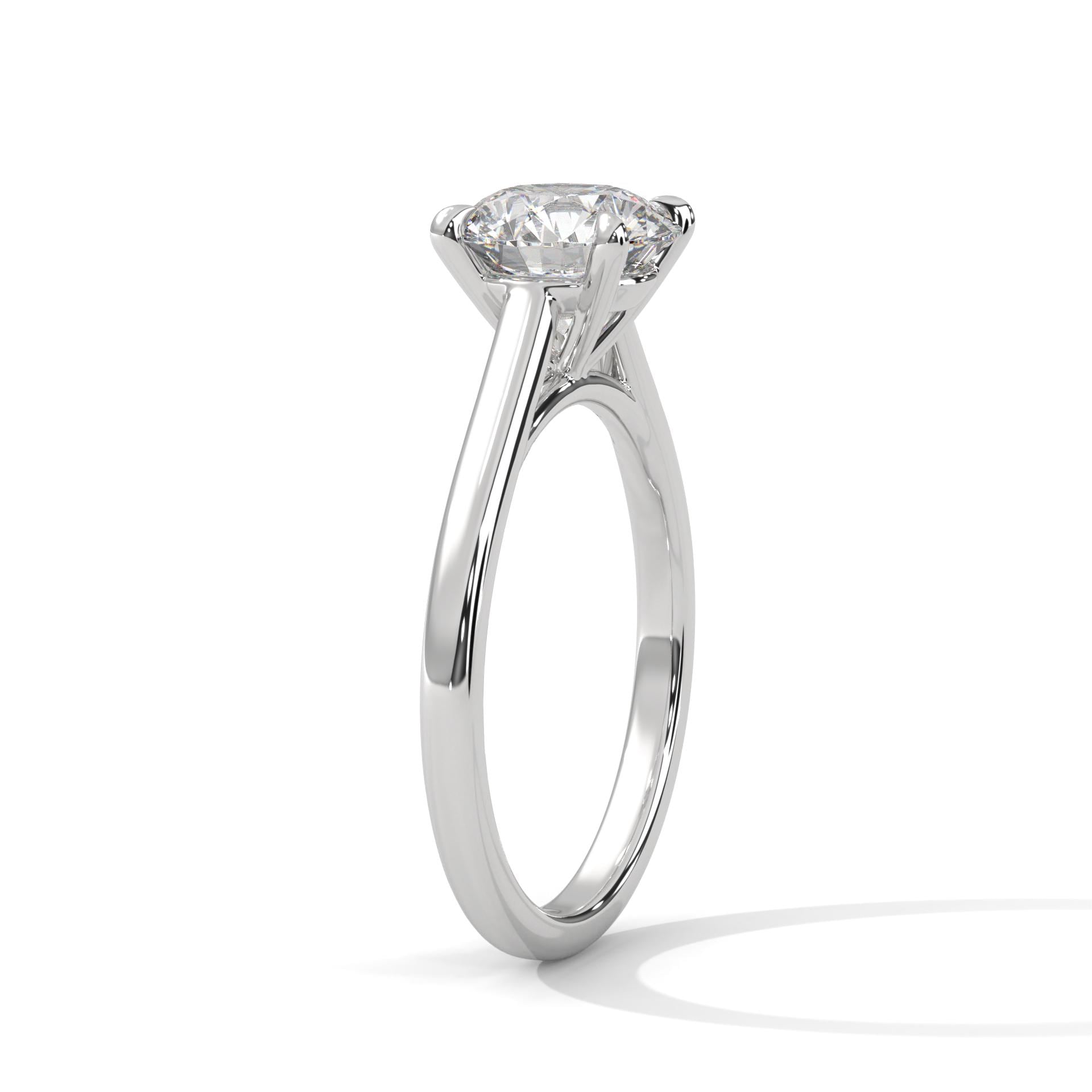High-polish white gold 4-prong solitaire setting for round diamond.