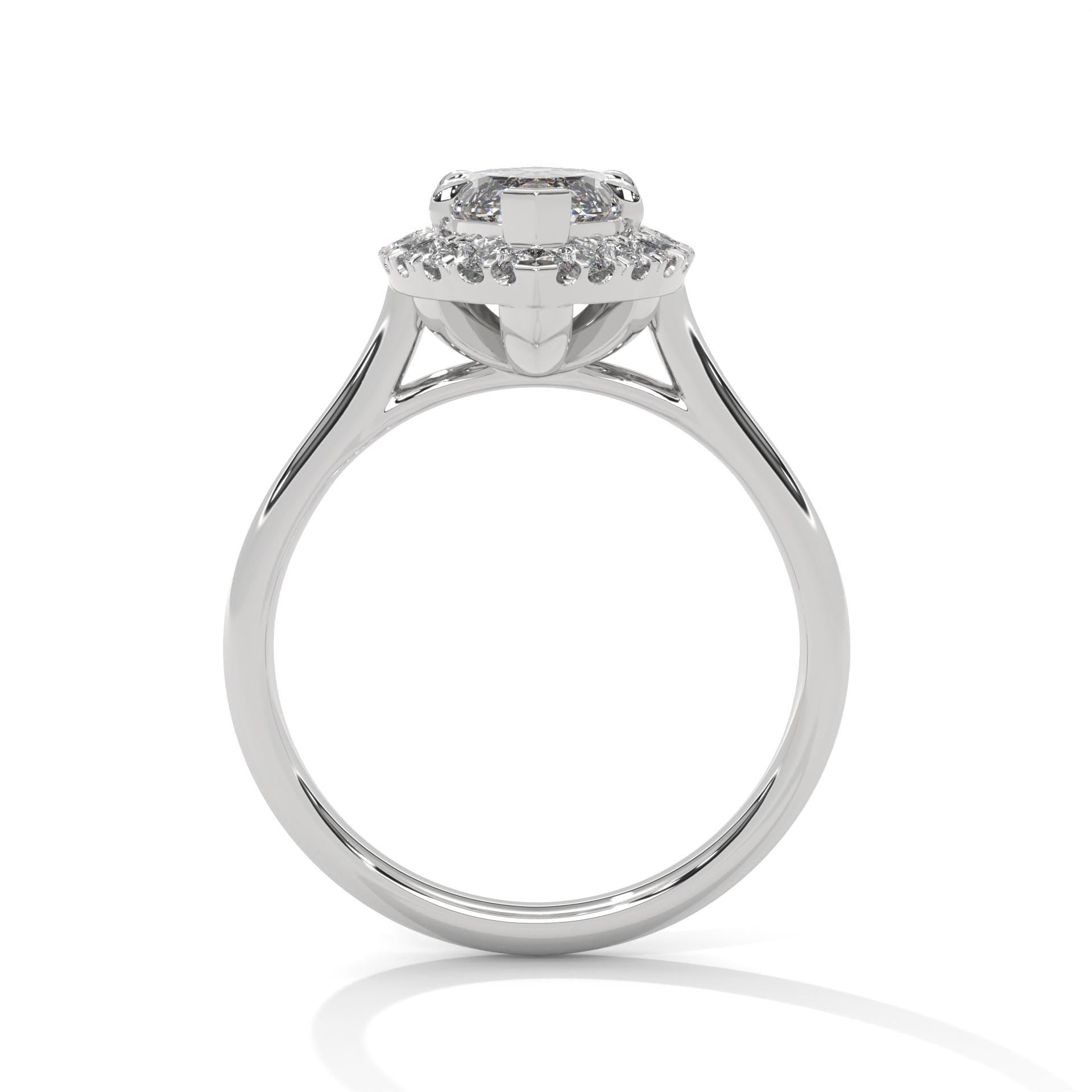 Side view of white gold marquise halo ring showing secure 6-prong mount