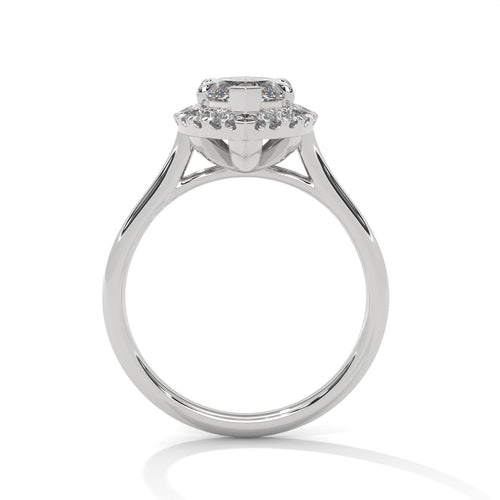 Side view of white gold marquise halo ring showing secure 6-prong mount