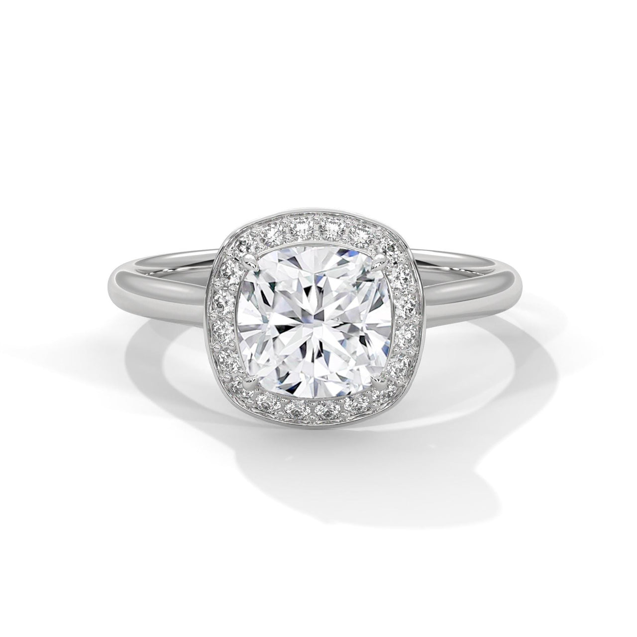 Cushion cut lab grown diamond halo solitaire in 18K white gold