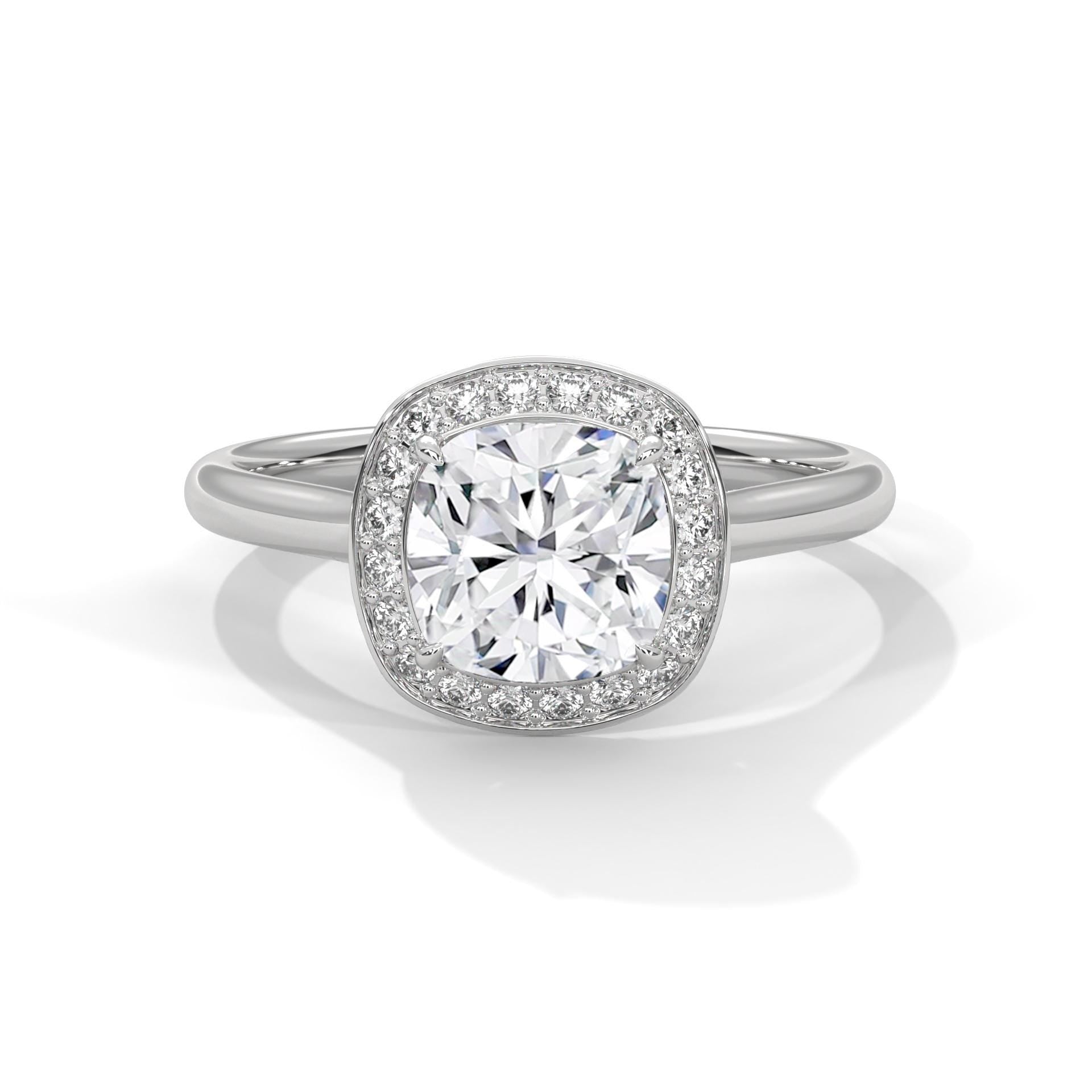 Cushion cut lab grown diamond halo solitaire in 18K white gold