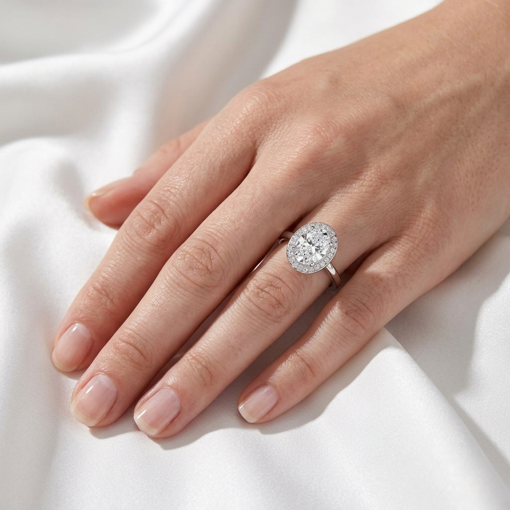 Oval Cut Lab Grown Diamond Halo Solitaire Ring | Solid Gold Band | 14K 18K