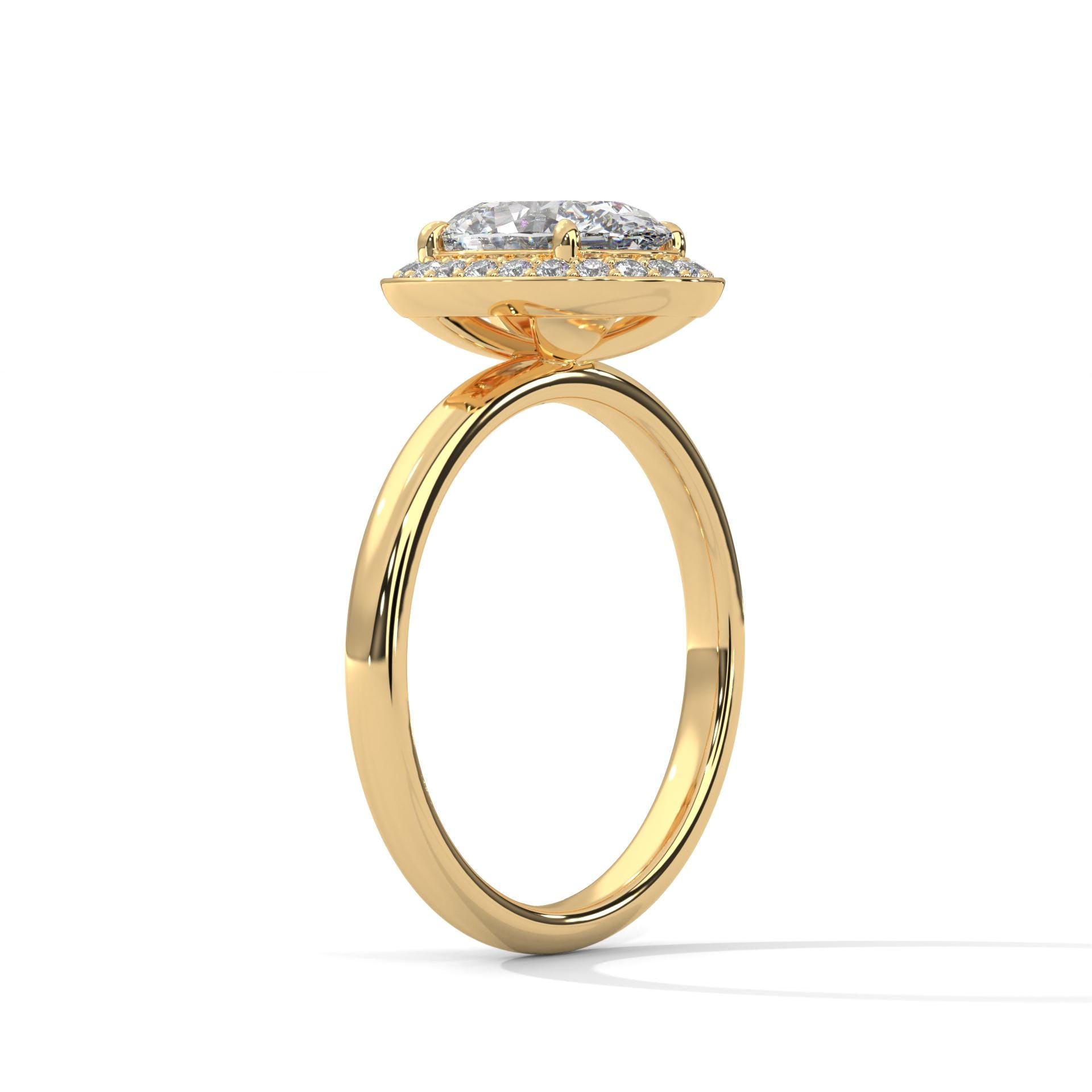 Underside view of yellow gold 4-prong halo setting for oval diamond