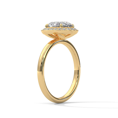 Underside view of yellow gold 4-prong halo setting for oval diamond
