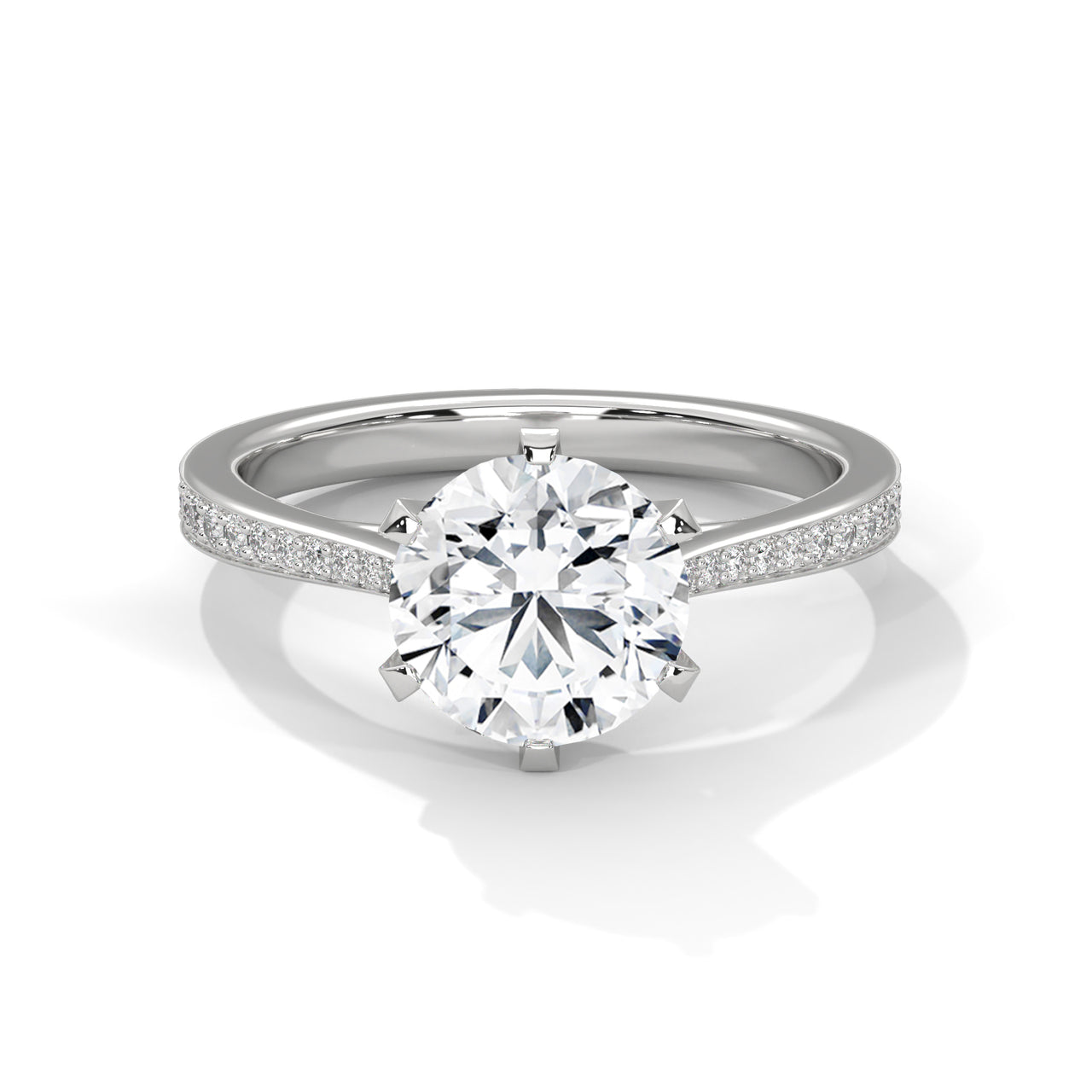Round brilliant lab-grown diamond engagement ring with a pavé-set diamond band in solid white gold.