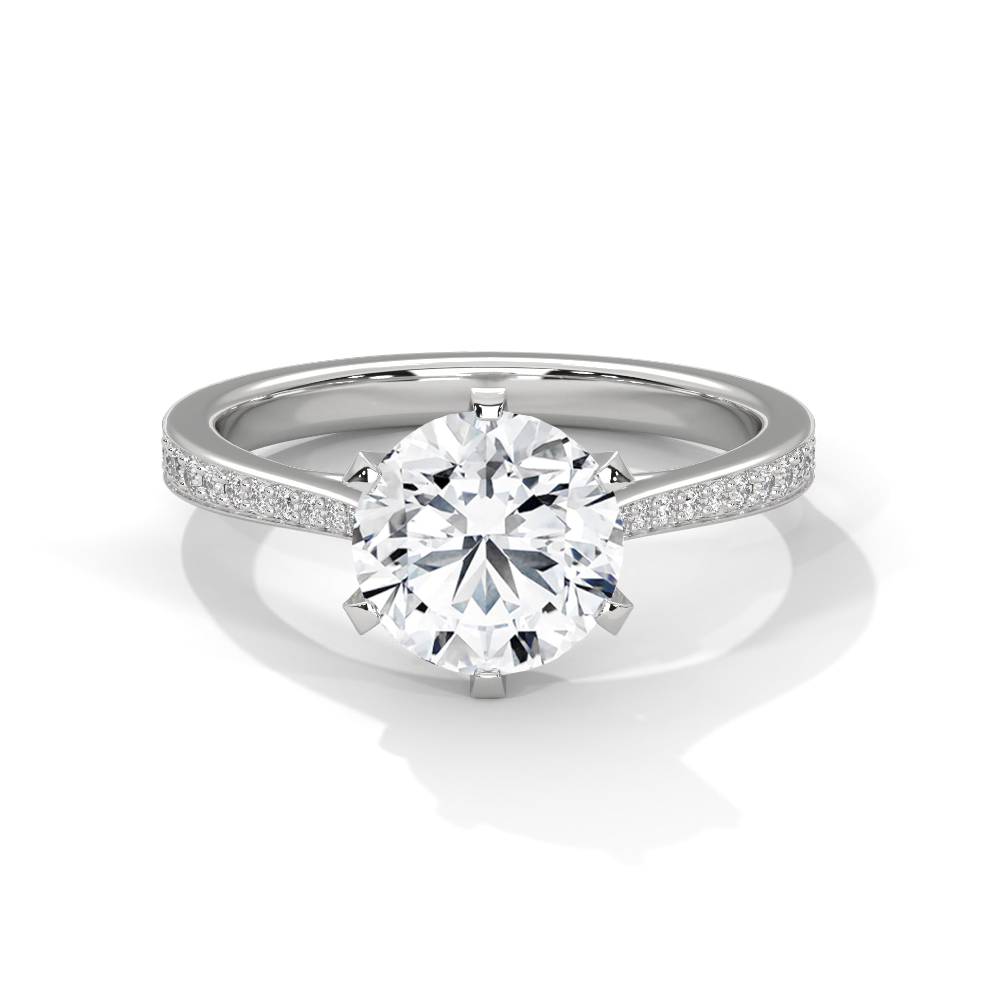 Round brilliant lab-grown diamond engagement ring with a pavé-set diamond band in solid white gold.