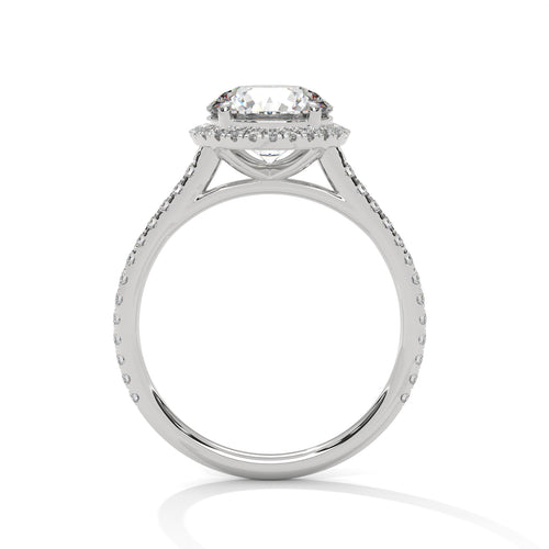 Side view of a four-prong halo cathedral setting in polished white gold.
