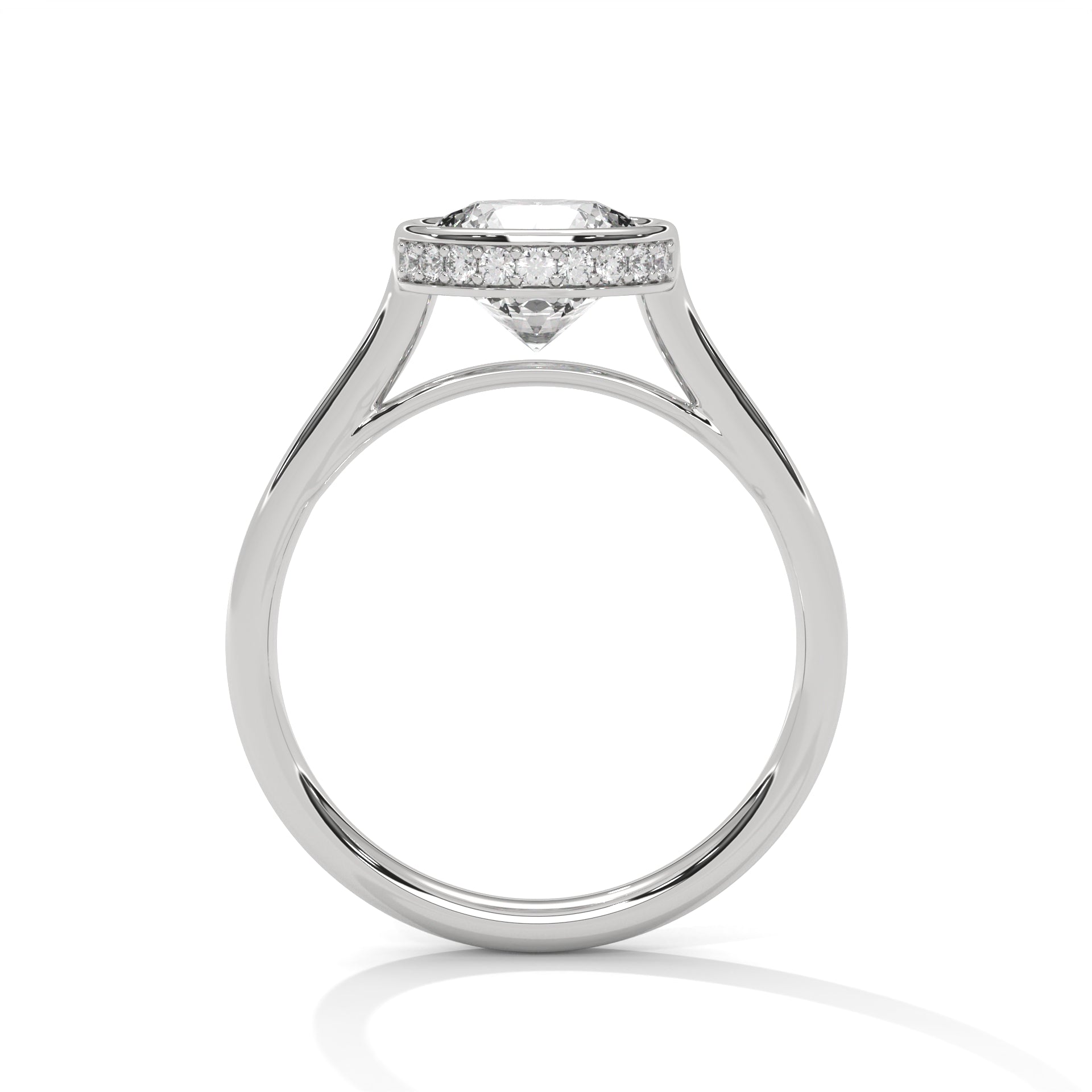 Side view of a circular bezel setting supported by sleek white gold cathedral arches.