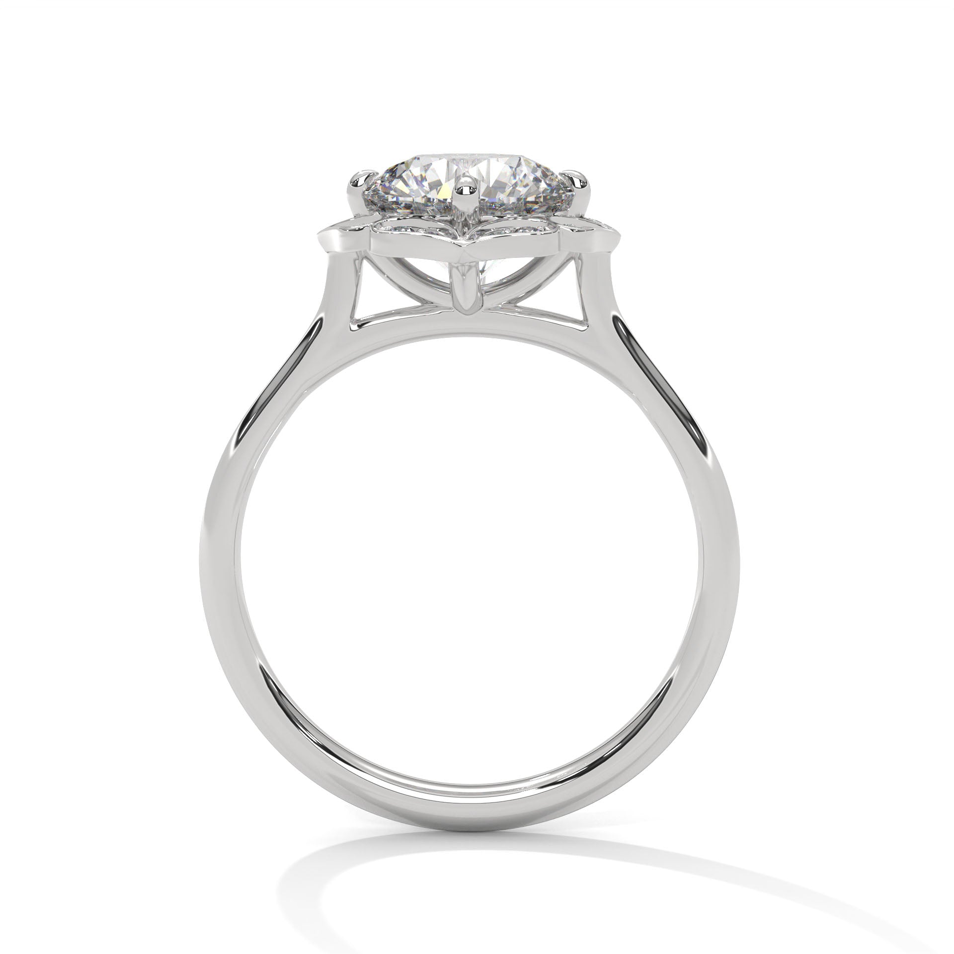 Side view of a four-prong floral halo cathedral setting in high-polish white gold.