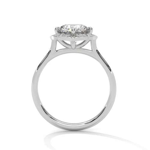 Side view of a four-prong floral halo cathedral setting in high-polish white gold.