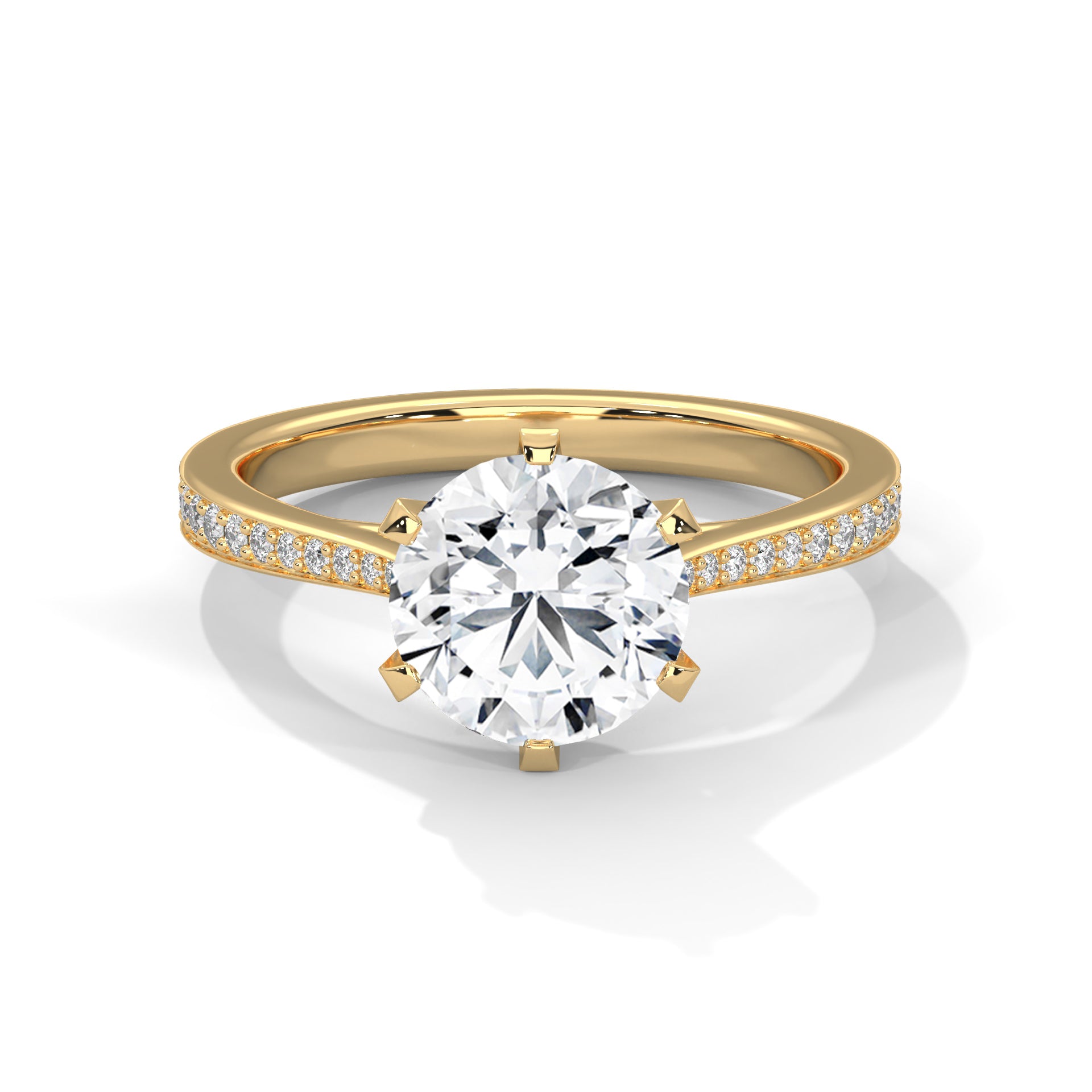Round brilliant lab-grown diamond ring with a pavé-set band in solid 14k yellow gold.