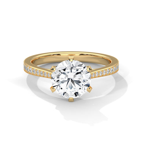 Round brilliant lab-grown diamond ring with a pavé-set band in solid 14k yellow gold.