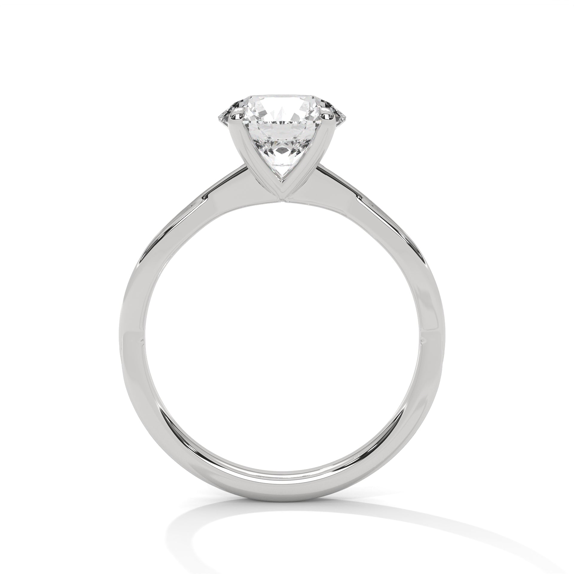 Side view of a four-prong tulip-inspired petal setting on a high-polish white gold twisted band.