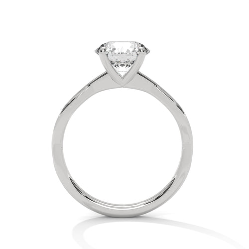 Side view of a four-prong tulip-inspired petal setting on a high-polish white gold twisted band.