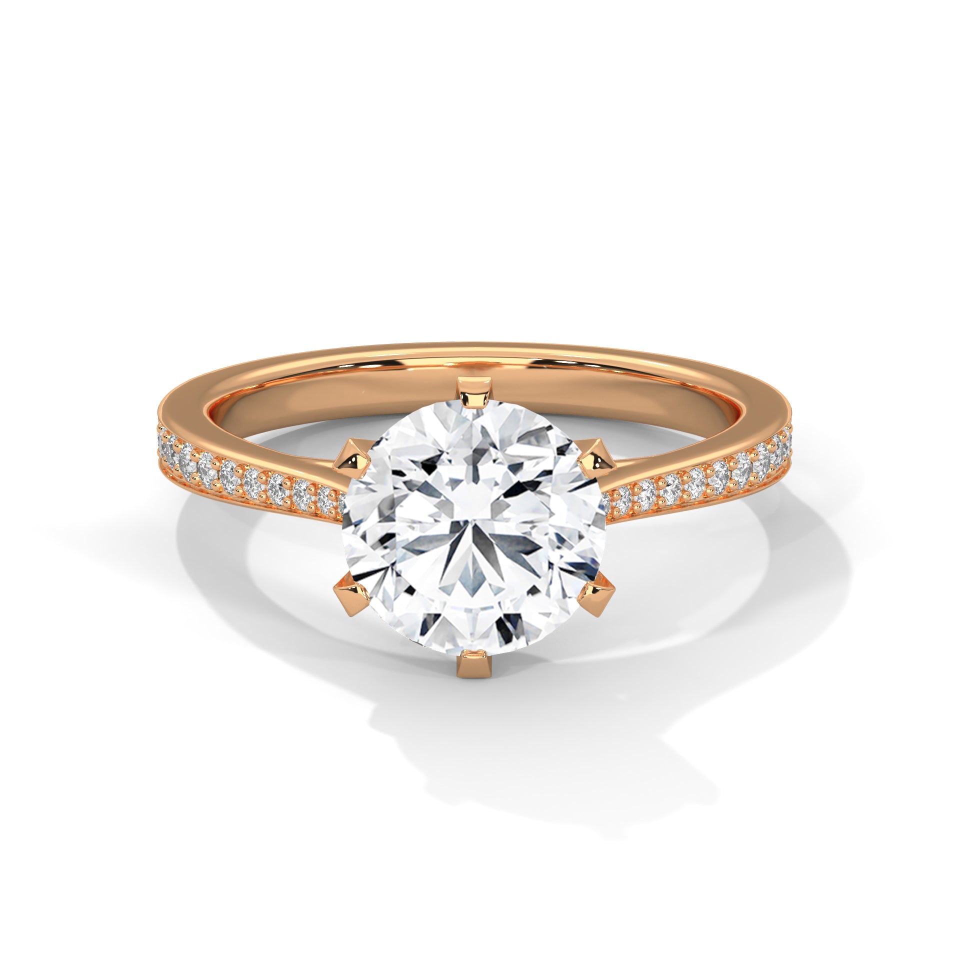 Round brilliant lab-grown diamond engagement ring with a pavé band in solid 18k rose gold.