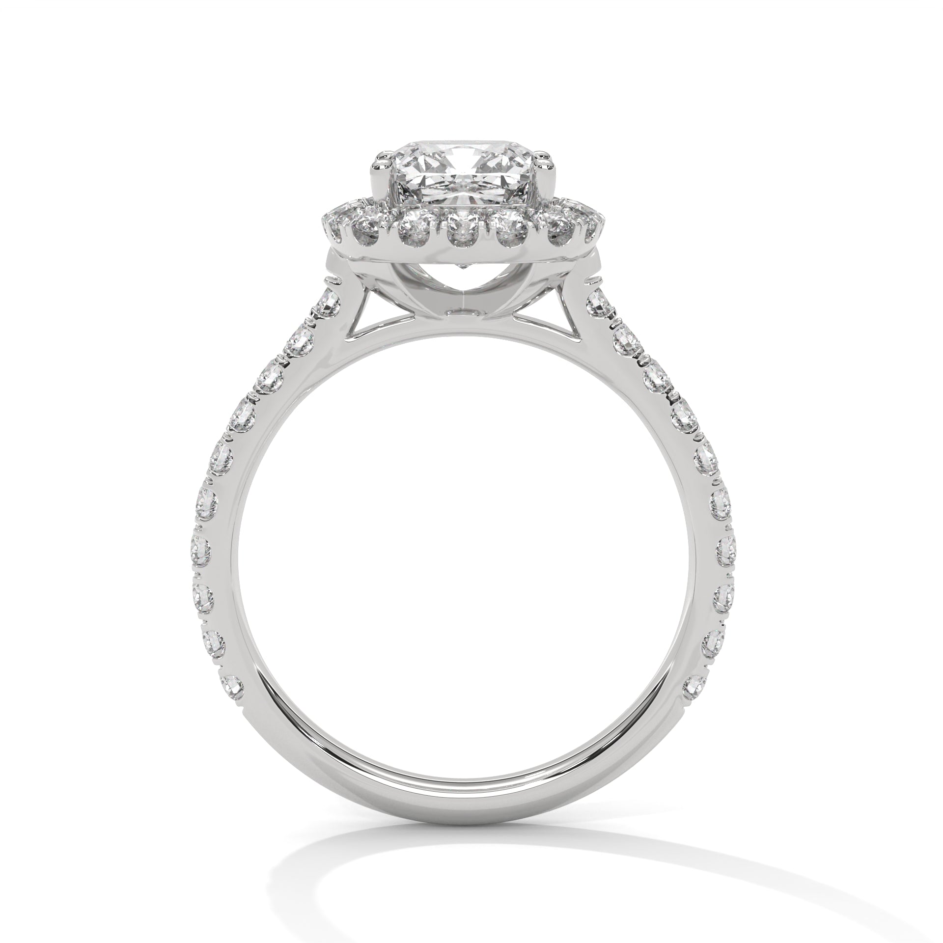 Side view of a four-prong setting with a subtle hidden halo and an open V-gallery wire basket in polished white gold.