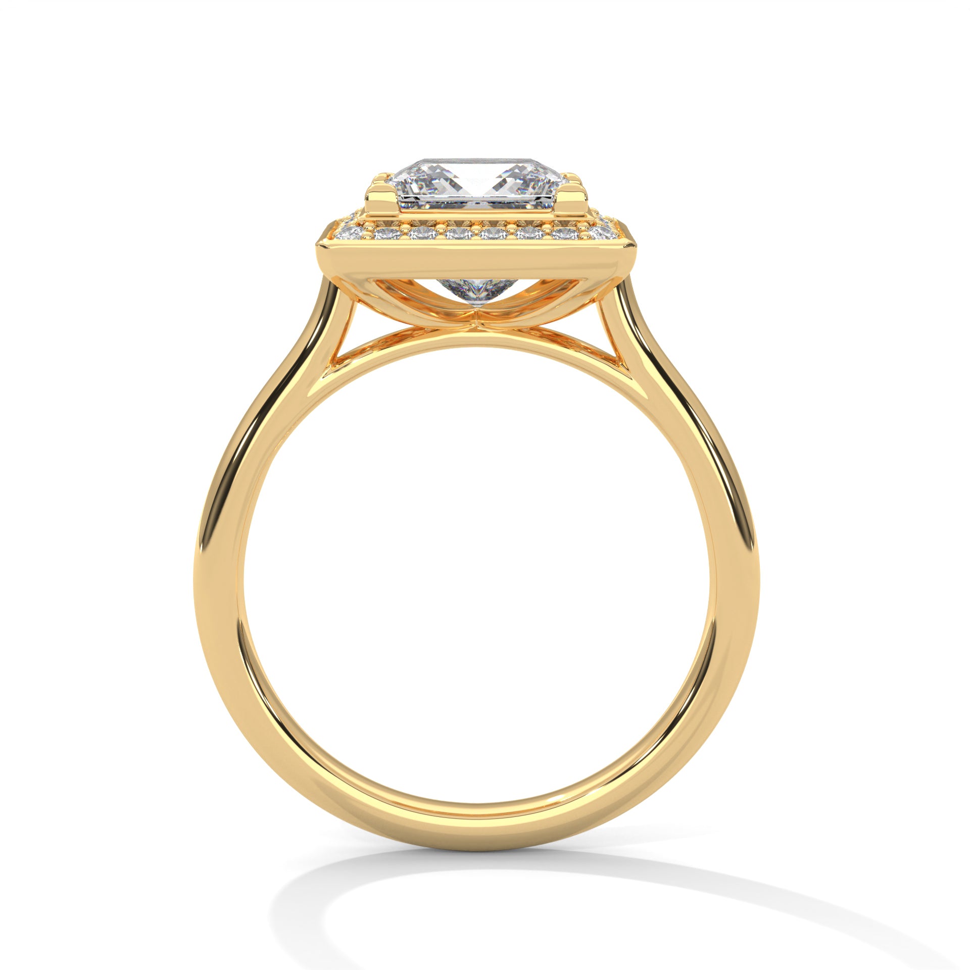 Princess cut elevated square halo engagement ring in yellow gold, front view showing princess cut center stone and square halo