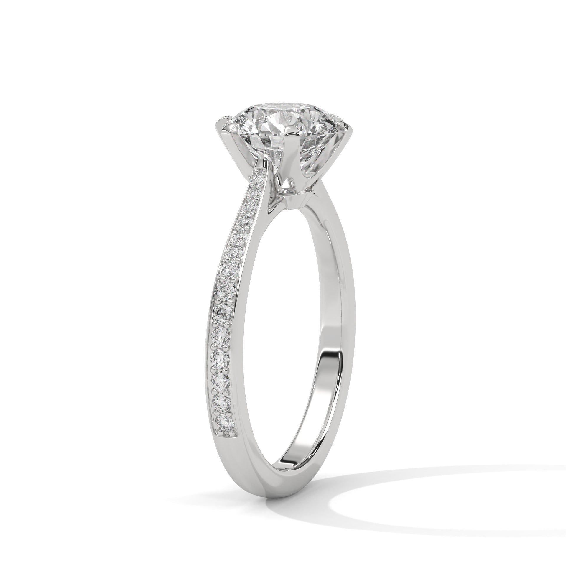 Perspective shot showing the pavé diamond band and six-prong mount in white gold.
