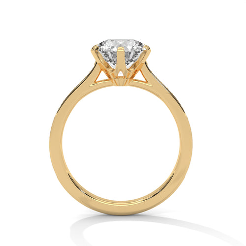 Six-prong cathedral mount side profile in polished yellow gold.