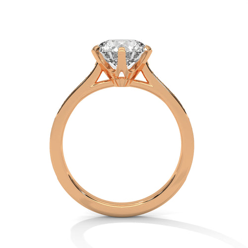 Side view of a high-polish six-prong cathedral setting in rose gold.