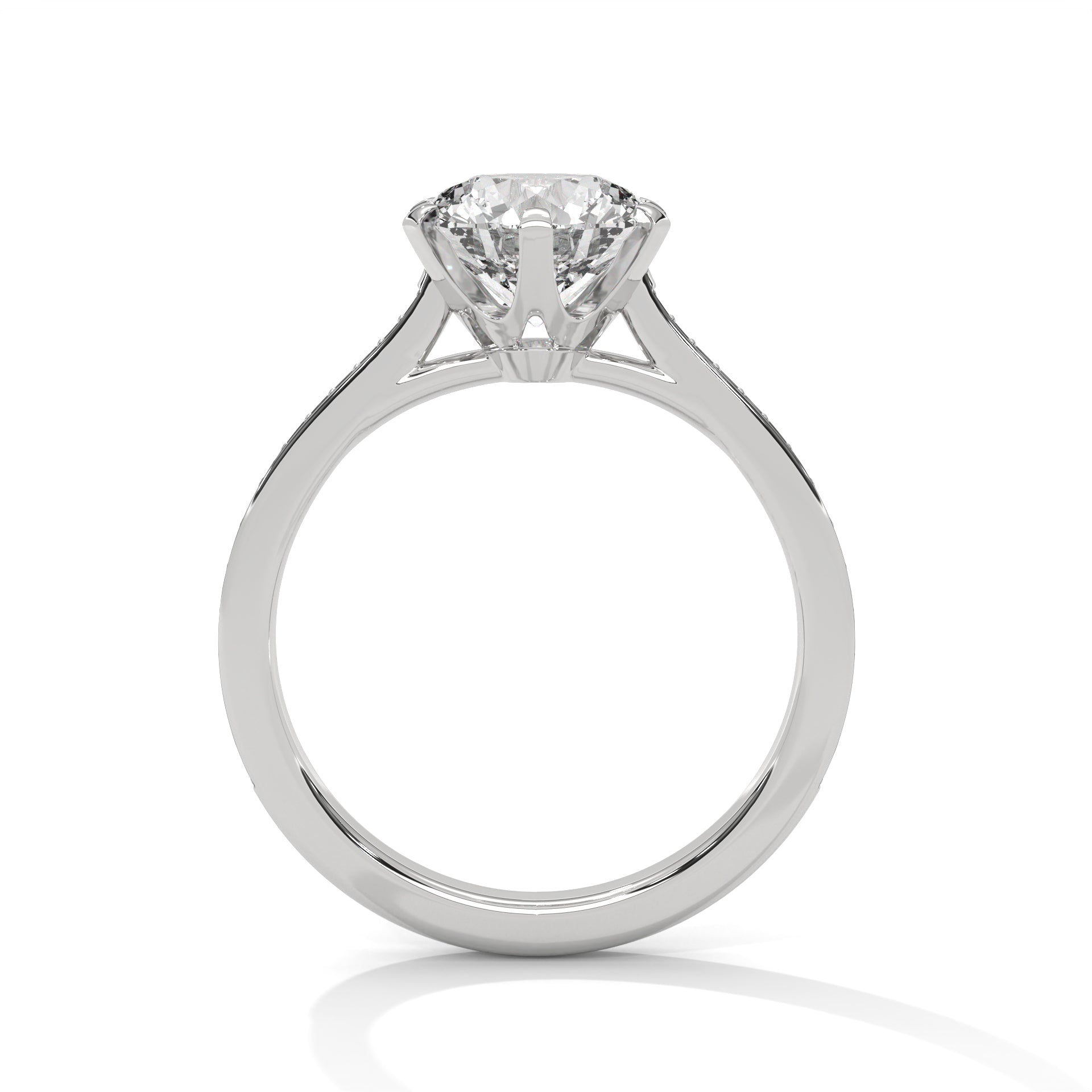 Cathedral-style six-prong setting side view in polished white gold.