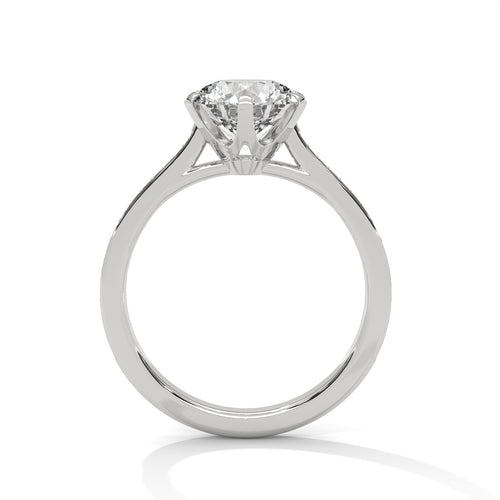 Cathedral-style six-prong setting side view in polished white gold.