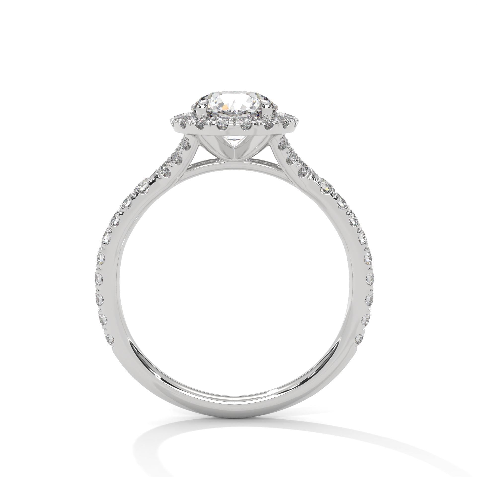 Side view of white gold round halo engagement ring with pavé-set shank