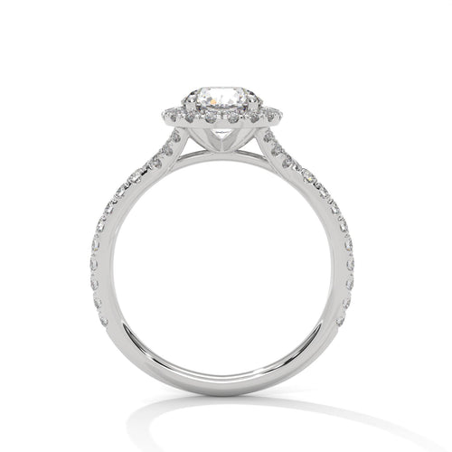 Side view of white gold round halo engagement ring with pavé-set shank