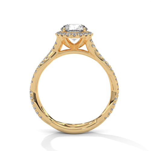 Elevated yellow gold cathedral mount for princess lab diamond halo