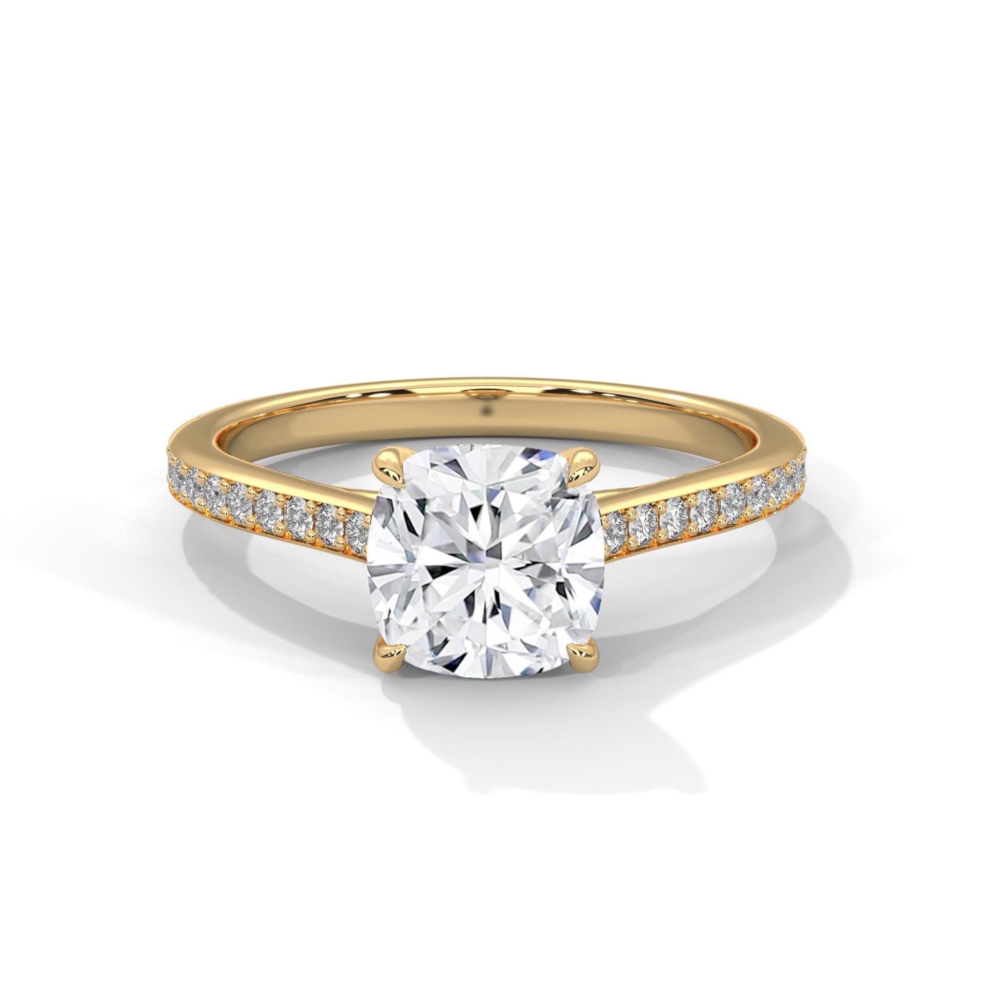 1 to 3 carat cushion lab diamond pave cathedral in yellow gold
