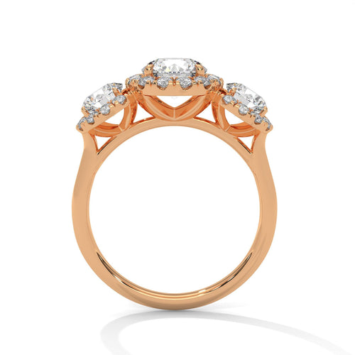 Rose gold trilogy halo ring featuring a polished solid gold band
