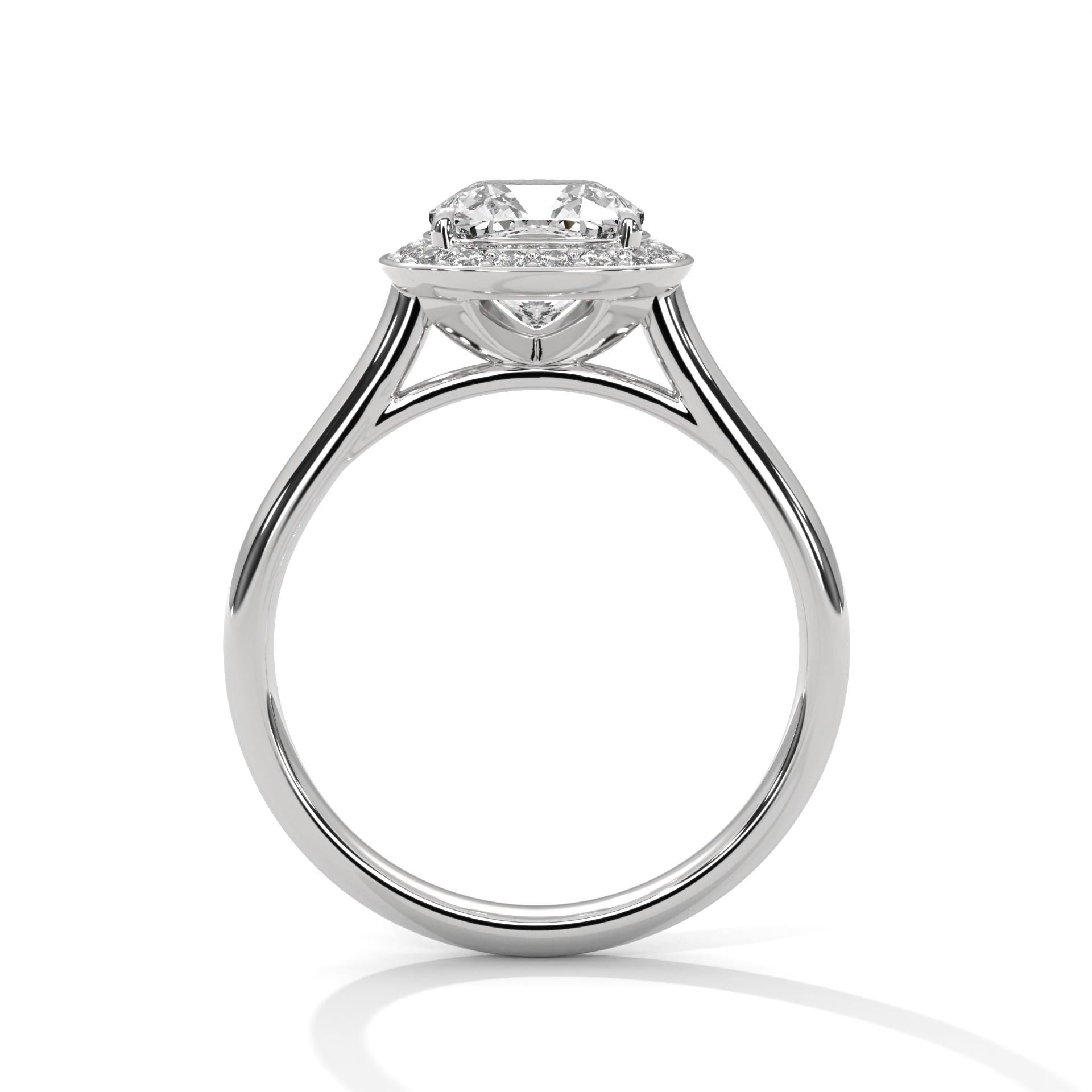 White gold cushion lab diamond halo ring profile view