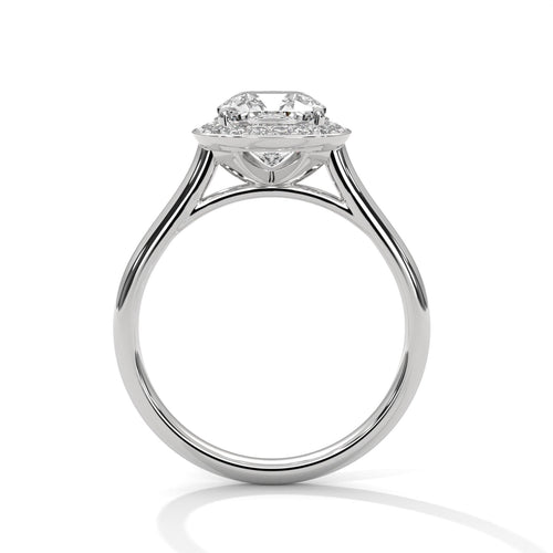 White gold cushion lab diamond halo ring profile view
