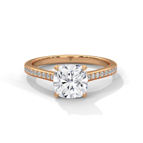 Cushion cut lab grown diamond pave cathedral ring in rose gold