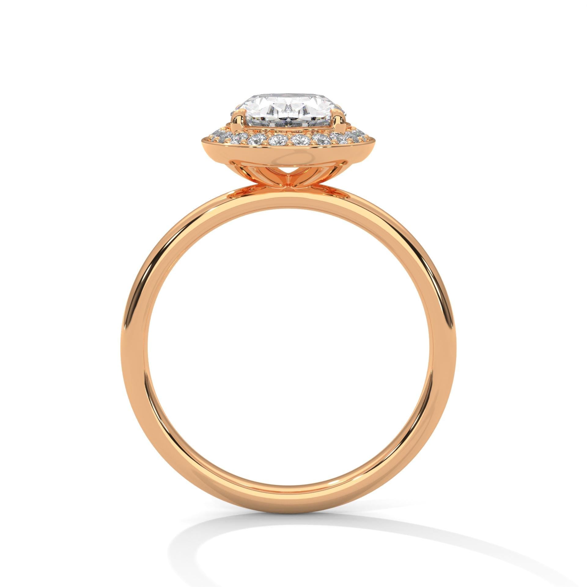 Rose gold oval halo solitaire with polished solid gold shank
