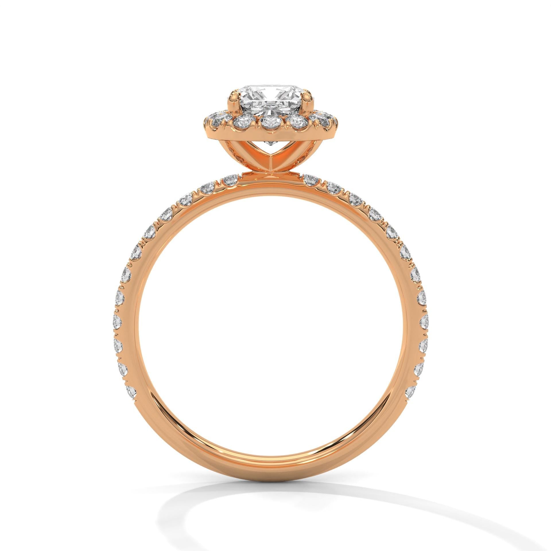 Side view of rose gold cushion halo ring showing architectural 4-prong setting